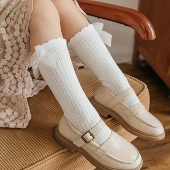 

1Pair Girl Socks With Lace Decor For Dance Performance Spring/autumn/summer Lovely Solid Color Breathable Princess Cotton Socks