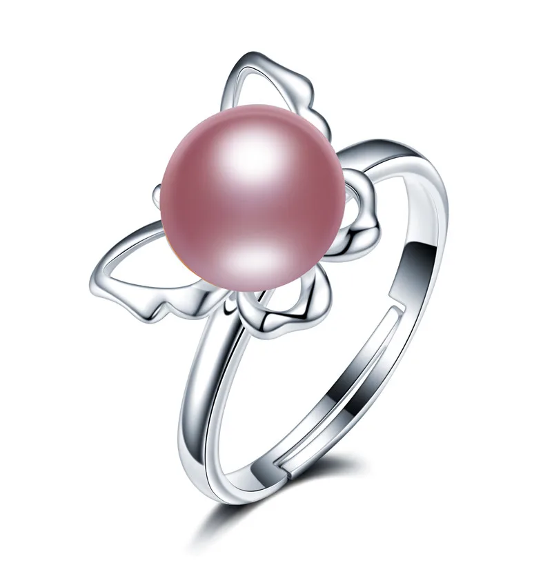 Hot Sale 925 Sterling Silver Dancing Butterflies Elegant Rings For Women Fashion Natural Pearl Ring Jewelry Gift - Цвет камня: Фиолетовый