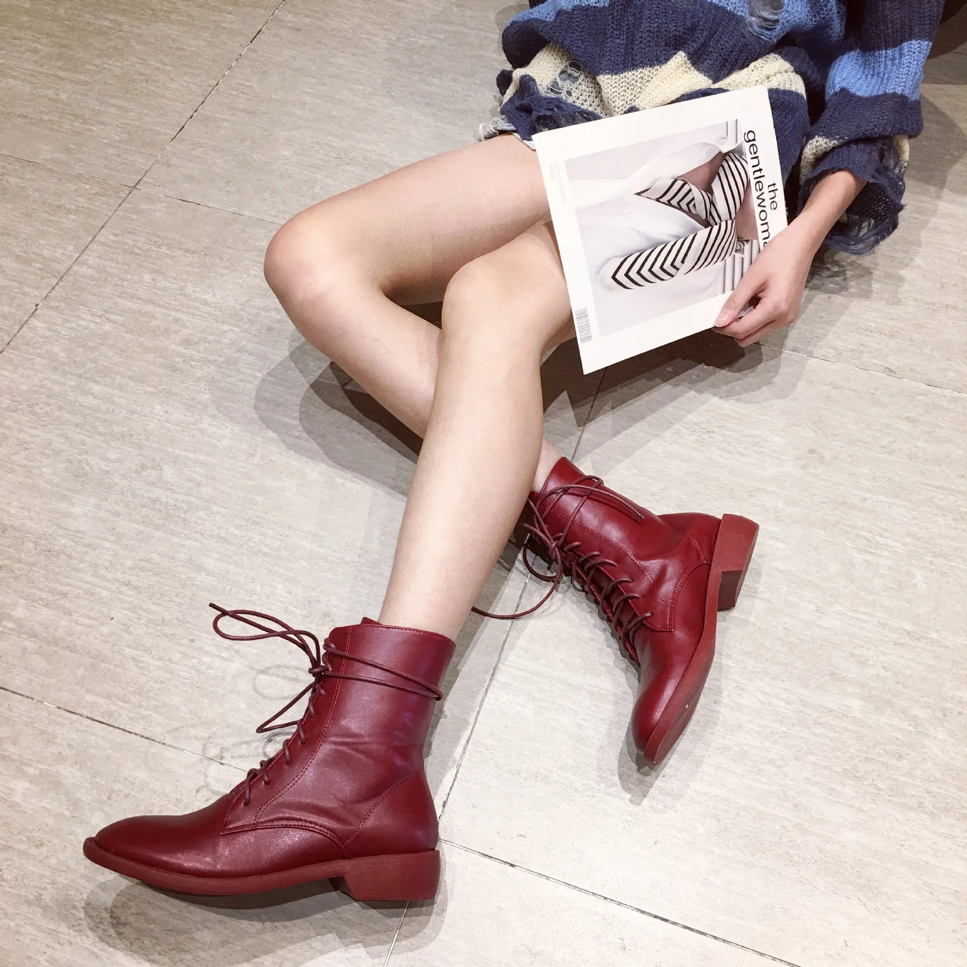 Flat Heel Round Toe Lady Boots Women Shoes Autumn Luxury Designer Winter Footwear Boots-women Lace Up Low Heels booties Ladies