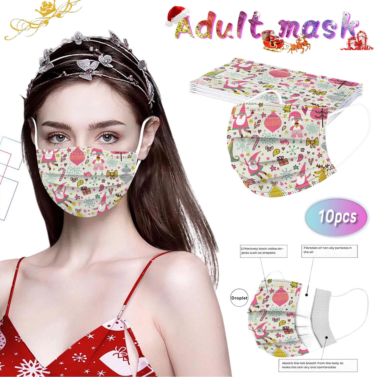 Fashion New Christmas Mask Adult Women Man Disposable Face Mask Industrial 3ply Ear Loop 10pc Headband Mask Маска Для Лица 2