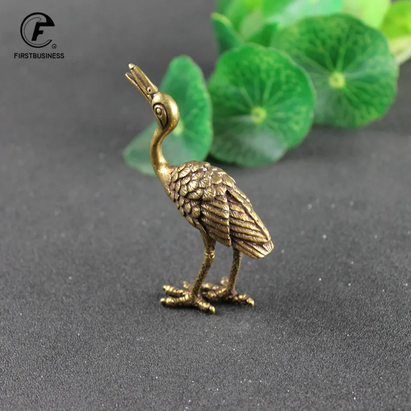 Massief Koperen Chinese Feng Shui Animal Crane Sculptuur Kleine Ornament Messing Thee Huisdier Thuis Beeldjes Bureau Decoraties