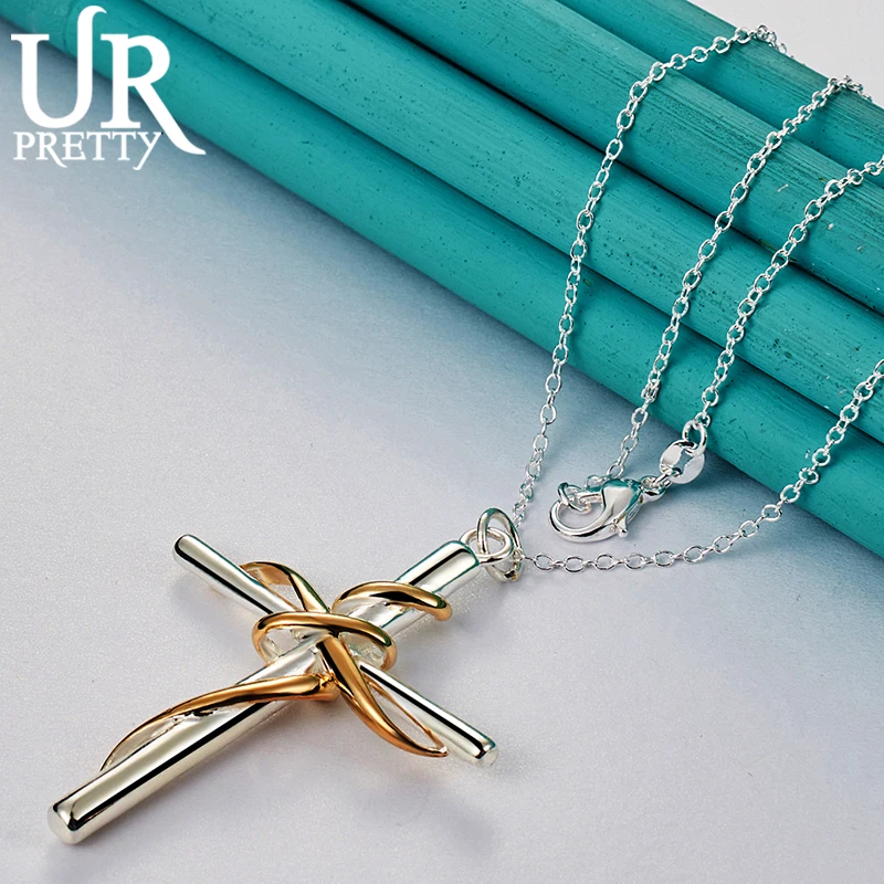

URPRETTY 925 Sterling Silver Cross Necklace 16/18/20/22/24/26/28/30 Inch Snake Chain For Woman Party Engagement Wedding Jewelry