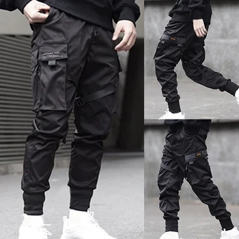 

Men Ribbons Color Block Black Pocket Cargo Pants 2019 Harem Joggers Harajuku Sweatpant Hip Hop Trousers