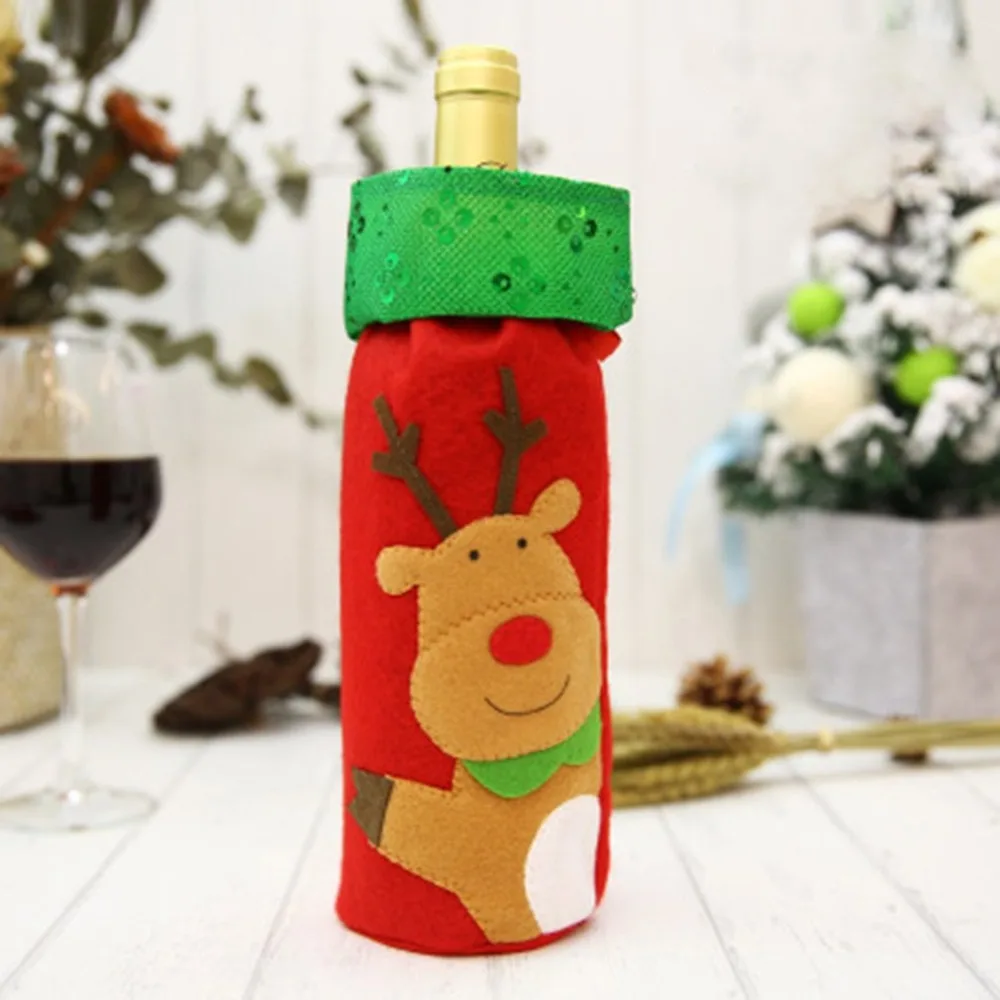 Embroidery Design Christmas Wine Bottle Cover Decoration Snowman Deer Bottle Cover Clothes Kitchen Decoration for Dinner Party