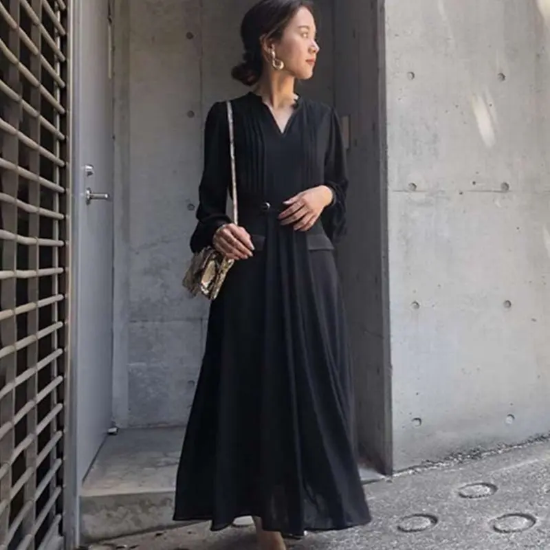 Женское повседневное тонкое шифоновое платье с длинным рукавом черного цвета, осень, корейское однотонное элегантное офисное платье, женская уличная одежда