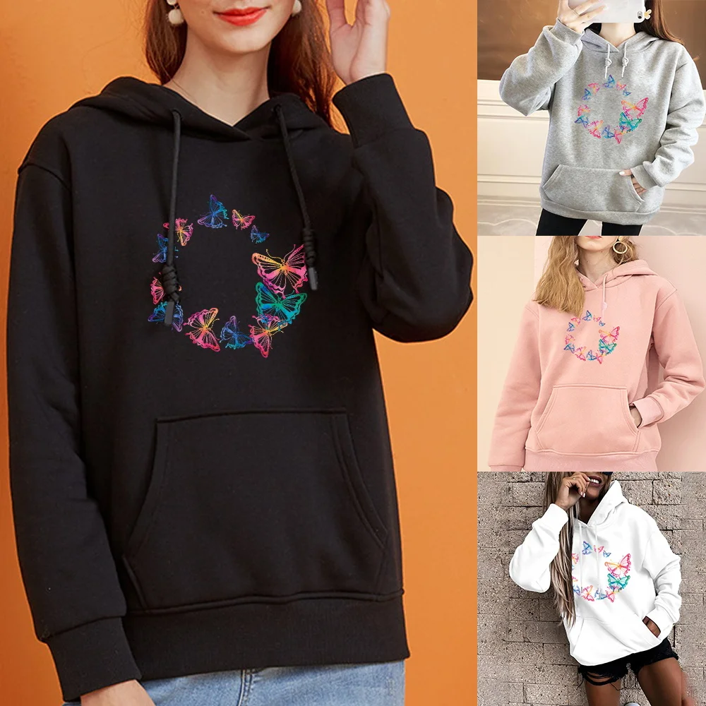 Ladies Hoodie Harajuku Sports Pullover Loose Big Pockets Base Tops Transparent Butterfly Print Girls Casual Streetwear