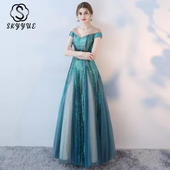

Skyyue Evening Dress Blue Long A Line Formal Party Gown K192 V-Neck Robe De Soiree Sequins Sexy Lace Up Elegant Women Prom Gowns
