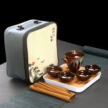 

High quality Starry sky tea set 1Pot + 4cups + 1tea tray +1bag,temmoku glaze Kung Fu Tea Cup portable Teapot Gaiwan Tea Cups