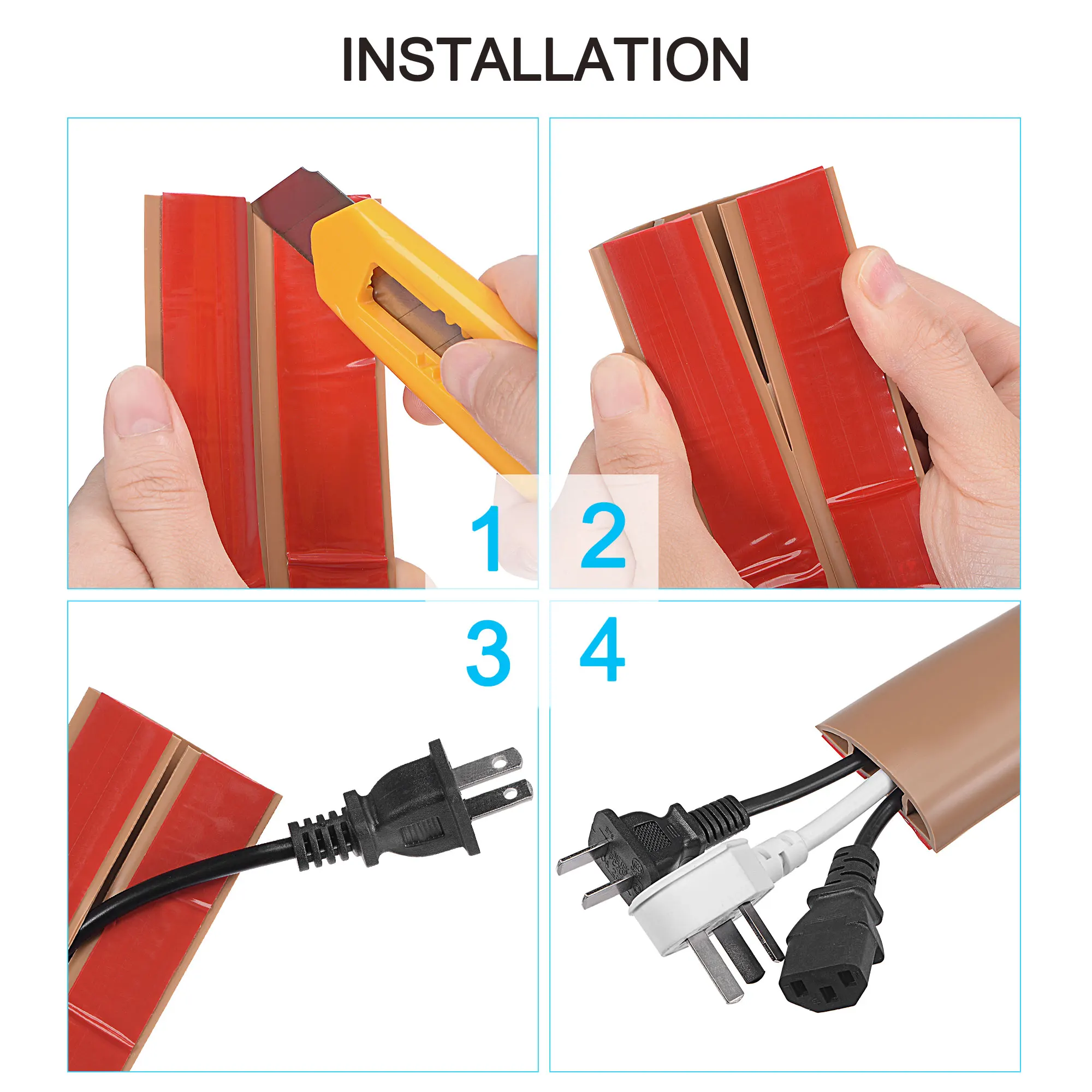Uxcell Floor Cable Cover PVC Cord Protector Self-Adhesive Power Cable Protector Extension Electric Wire Duct Slot Manage