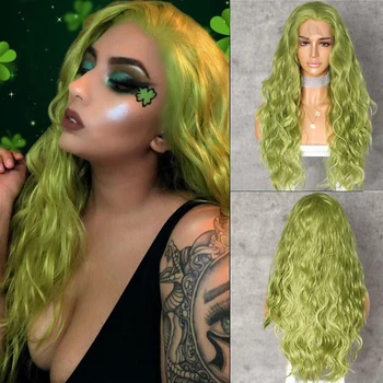 

Lvcheryl Hand Tied New Green Color Hair Water Wave Hair wigs Heat Resistant Hair Wigs Synthetic Lace Front Wigs