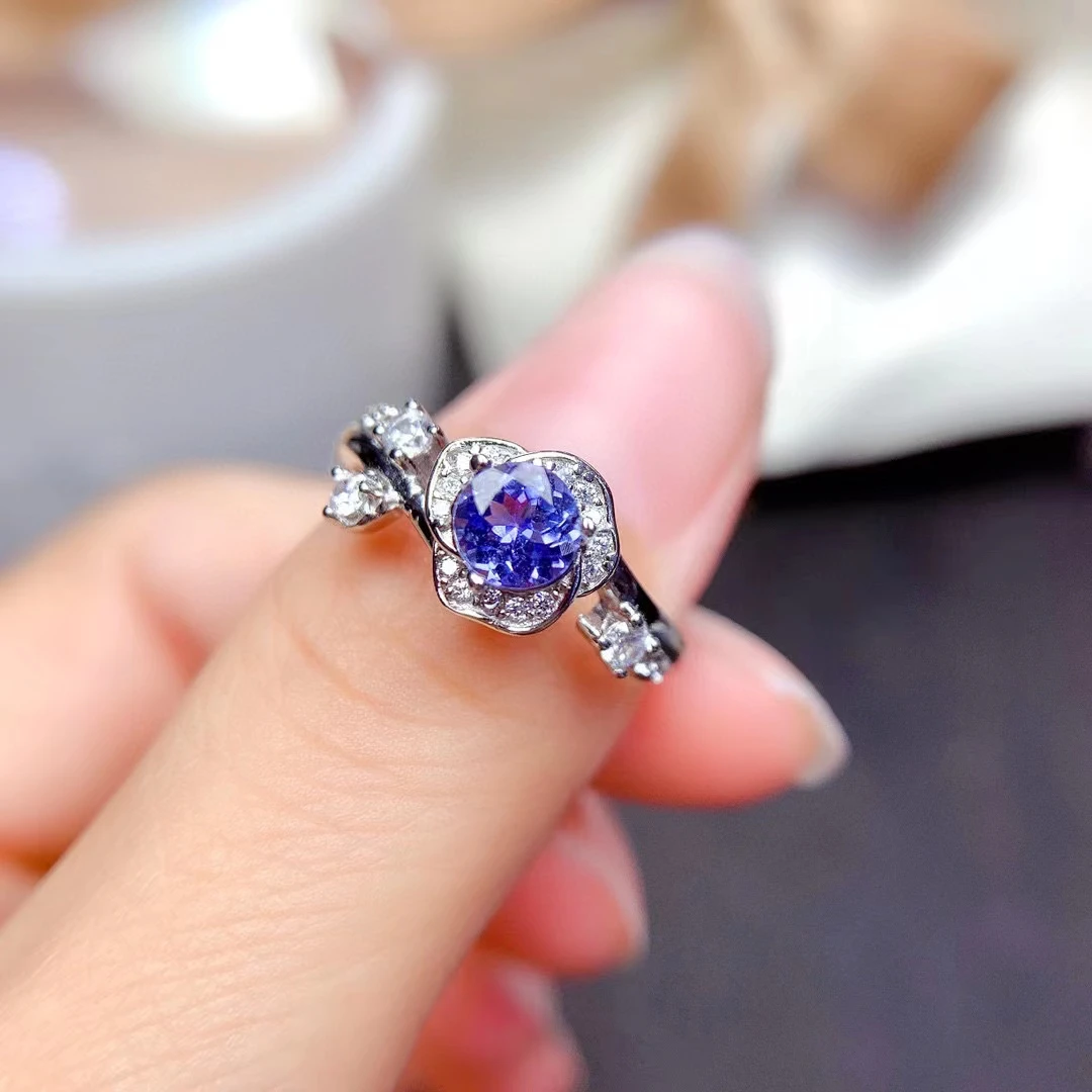 

2022 Flower style Natural Tanzanite Ring 5x5 mm Precious Gemstone for Wedding Solid 925 Silver Tanzanite Jewelry Good gift