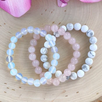 

Calming The Mind Bracelet Set Of 3 Rose Q-uartz Matte Howlite Opalite Beaded Bracelet Stacking Jewelry For Women Girl