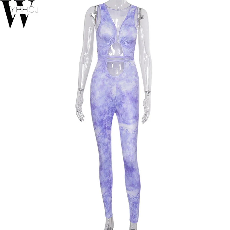 WYHHCJ 2020Bandage Tie Dye Hollow Out Rompers Womens Jumpsuit Fitness Sleeveless Push Up Bodycon Party Jumpsuits V Neck Sexy Hot