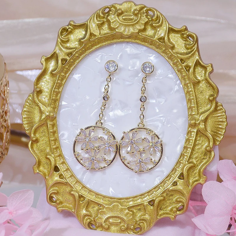 14k Real Gold Shine Flower Round Earring for Women AAA Bling Zircon Charm Temperament Korean Stud Earrings Wedding Jewelry Gift - Image 6