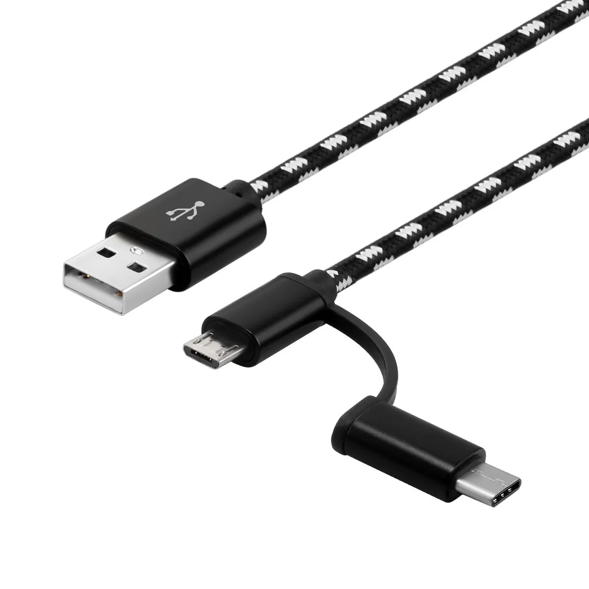 2 в 1 type-C+ микро кабель для быстрой зарядки для samsung Micro Usb кабель для huawei Usb type-c кабель для мобильного телефона Xiaomi - Цвет: BK