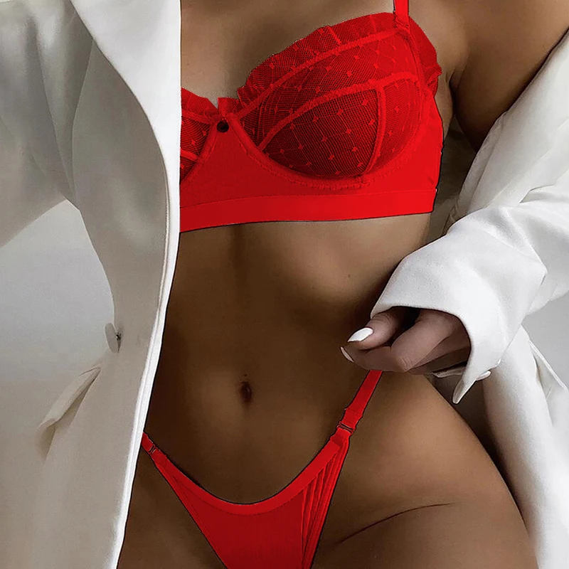 Women Sexy Lingerie Lace Bra Set Ruffle Transparent Underwear Hot Erotic Lingerie Set Push Up Bra With Panty Set Red Briefs Sets lounge underwear set