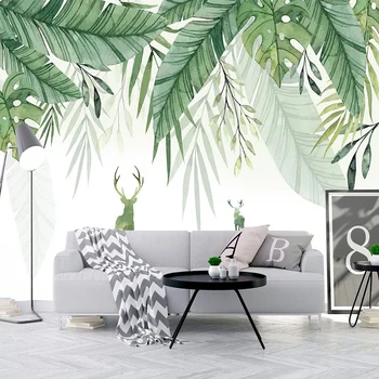 

Custom 3D Wall Mural Modern Elk Green Leaf Watercolor Wallpaper Living Room TV Sofa Bedroom Background Painting Papel De Parede