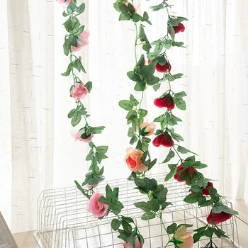 

220cm Fake Vines 16Pcs Silk Rose Head Wall Hanging Artificial Flowers Vine White/Red Rattan Ivy With Green Leaves