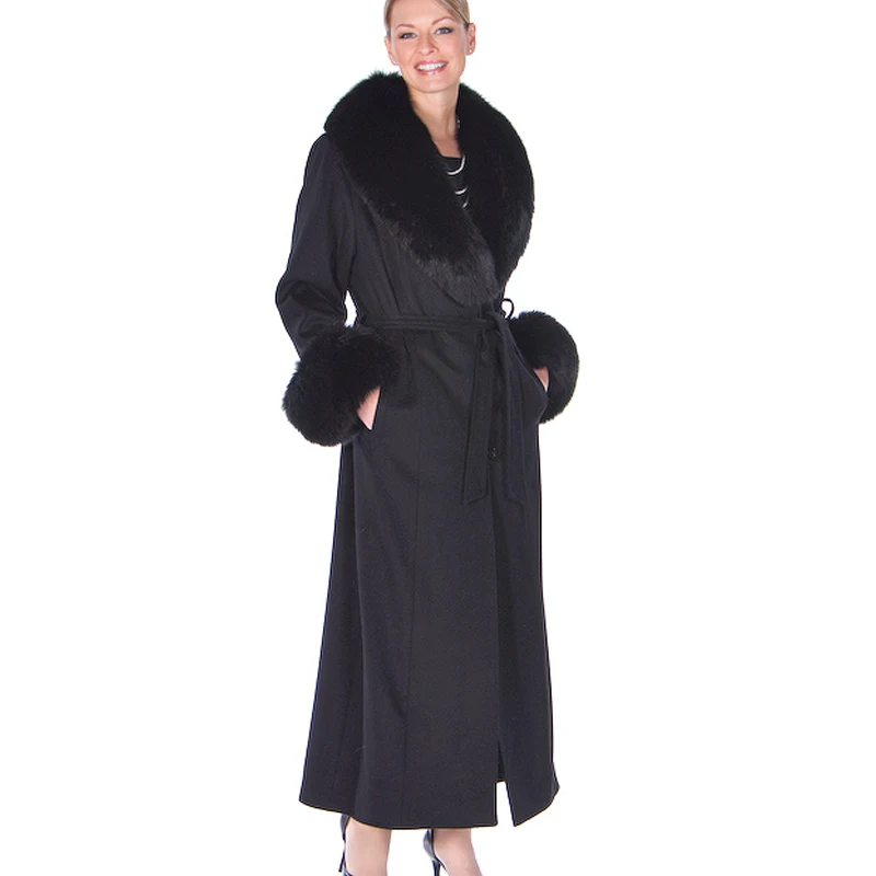 Новинка, модное шерстяное пальто цвета кофе, куртка с воротником из натурального Лисьего меха, длинные рукава, 100 см, Черное женское роскошное зимнее пальто