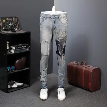

Denim Jeans Men Embroidery Fish Jeans Male Patch Patch Directly Canister Self-cultivation Pants Personality Elastic Jeans Hombre