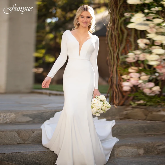 Pearls Elegant A Line Wedding Dress Long Sleeves Sheer Neck Bridal Gowns  Custom Made Back Button V Neck Vestido de novia - AliExpress