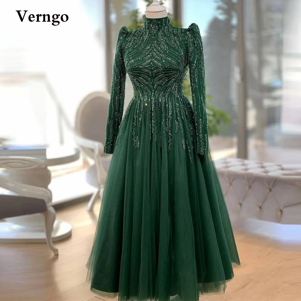 

Verngo Modest Green Tulle Evening Dresses High Neck Long Sleeves Beads Ankle Length Prom Gowns Saudi Arabic Women Formal Dress