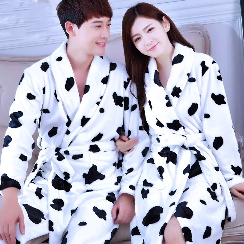 Print Bow Robe For Men&women Coral Fleece Kimono Bathrobe Gown Winter Warm Thick Home Dressing Gown Flannel Sleepwear