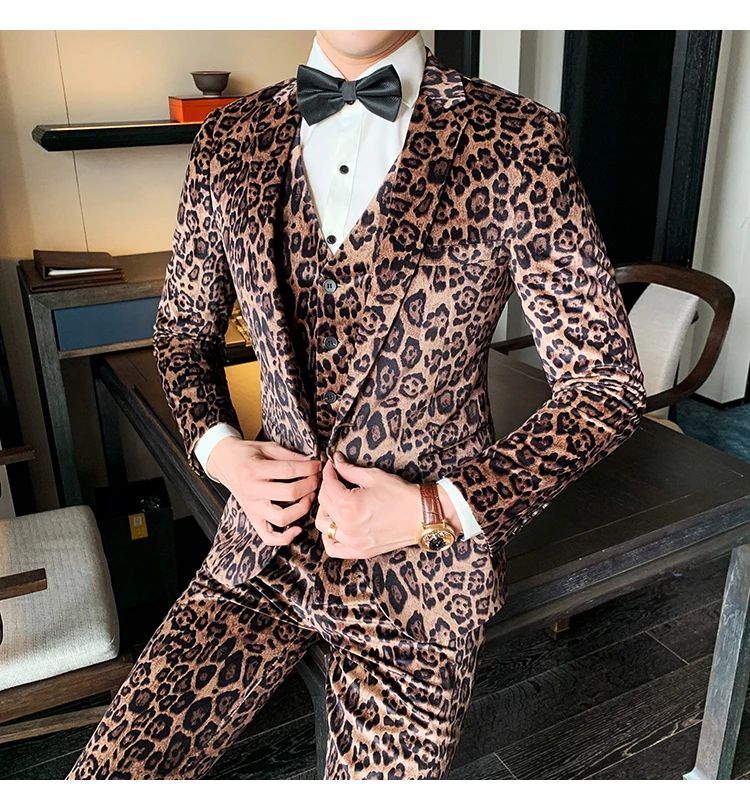 Роскошный Леопардовый Костюм, мужские костюмы, высококачественные официальные деловые блейзеры, мужской комплект из трех предметов, приталенный, свадебные, сценические, вечерние, смокинг