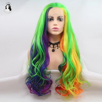

DANBO ladies rainbow-colored wavy synthetic wig fiber long wig lace front wig for role playing or party