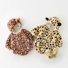 Cute Baby Warm Rompers with Hat Winter Leopard Newborn Warm Bodysuits Baby Boy Girls Tops