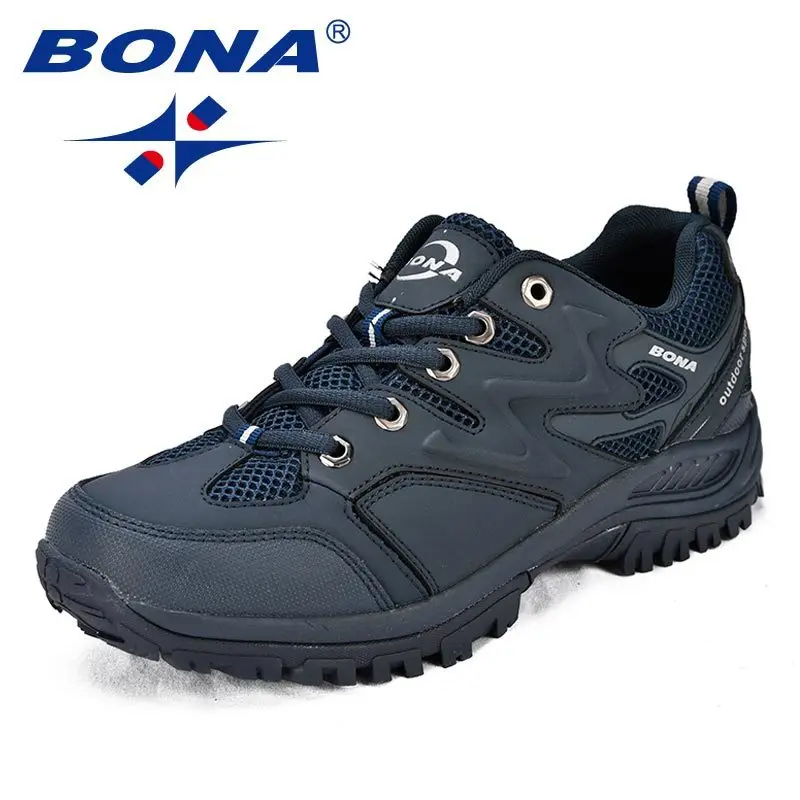 BONA/Новое поступление; классические стильные мужские кроссовки из воловьей кожи с сеткой; Мужская Спортивная обувь; обувь для бега на открытом воздухе; удобные кроссовки - Цвет: DEEP BLUE SILVER GRE