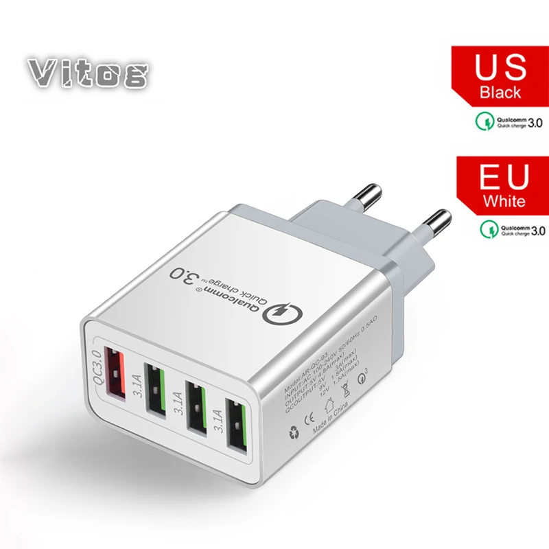 

Vitog 4 Port Quick Charge 3.0 USB Charger for Samsung iPhone 7 8 X Huawei P20 Tablet QC 3.0 Fast Wall Charger US EU Plug Charger