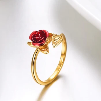 

Red Rose Garden Flower Leaves Resizable Finger Rings For Women Valentine's Day Gift Jewelry Hot Sale 2019 Open Ring