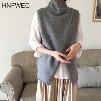 

Spring Casual Women Knitting Vest Mandarin Collar Sleeveless Split Hem Loose Slim Female Top Clothing 2019 New Tide Y688