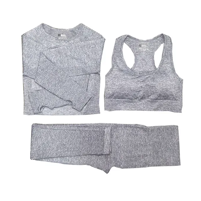 2/3/5PCS Women Sportswear Yoga Set Gym Clothing Tracksuit Long Sleeve Crop Top High Waist Seamless Leggings Fitness Sports Suits 3pcs light gray