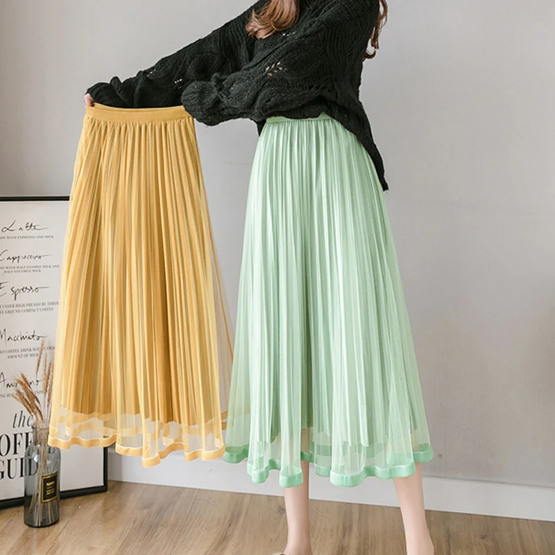 JUAYKALA Женская сетчатая юбка s новая бархатная плиссированная сетчатая юбка Женская эластичная юбка средней длины Акция леди