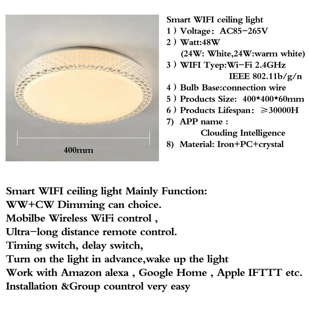 Светодиодный потолочный светильник Smart wifi потолочный светильник s 48 Вт 110 В 220 В Современная хрустальная потолочная Круглая Панель-лампа для украшения дома светильник ing