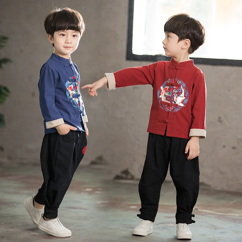 2Pcs Boy Chinese Traditional Clothing for Kids New Year Costumes Tang Suit Hanfu Children Cosplay Spring Festival Top + Pants Sets chinese dress