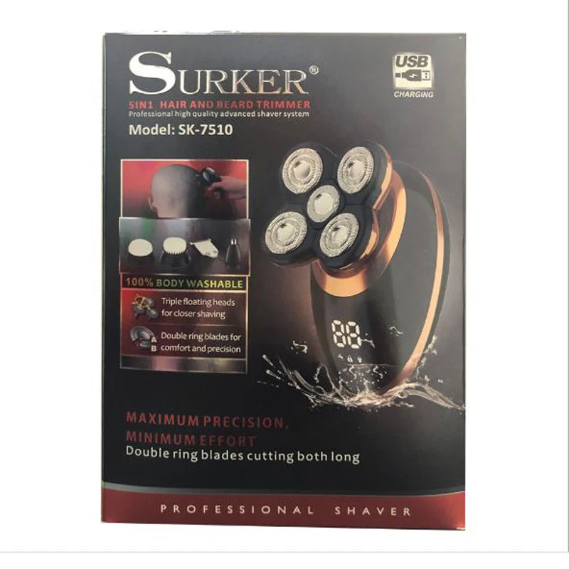 Surker, электрический триммер для волос, SK-7510, 5 в 1, электрическая машинка для стрижки волос, триммер для бороды, носа, электробритва, бритва, очищающее средство для лица, массаж