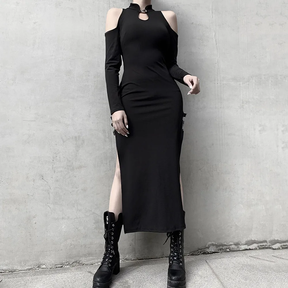 

Gothic Off Shoulder Women Dress Sexy High Split Spring Summer Dresses Women's Long Sleeve Mandarin Collar Punk Sheath 