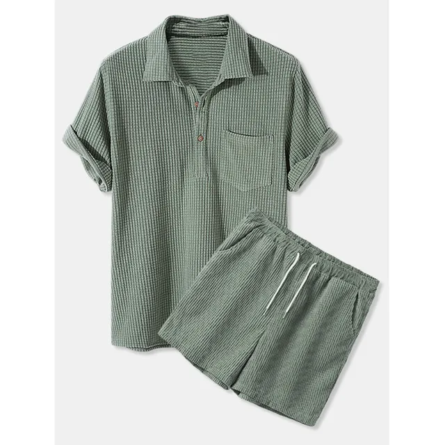 طقم قمصان رجالي صيفي رفيعة من القماش المخملي قصير الأكمام قابل للتنفس قمصان وشورت رجالي مع جيب 3