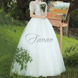 High Neck A-Line Tulle Wedding Dresses Backless See-Through Short Sleeve Vintage Bridal Gown vestidos de novia robe de mariée