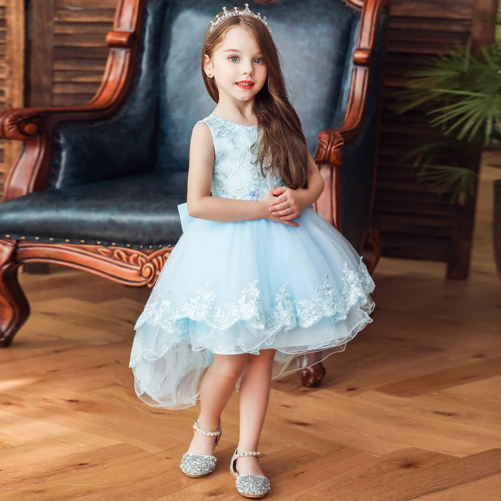 Летняя детская одежда в европейском и американском стиле; платье принцессы без рукавов для девочек; торжественное платье со шлейфом; одежда для выступлений с вышивкой и бантом; Sle