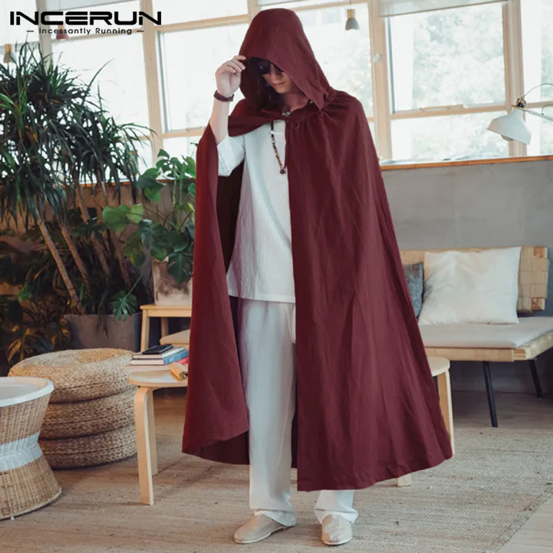 INCERUN Vintage Men Cloak Cape Long Outerwear Hooded Cotton Solid Fashion Jakcets Loose Men Trench Coat Men Cosplay Costume