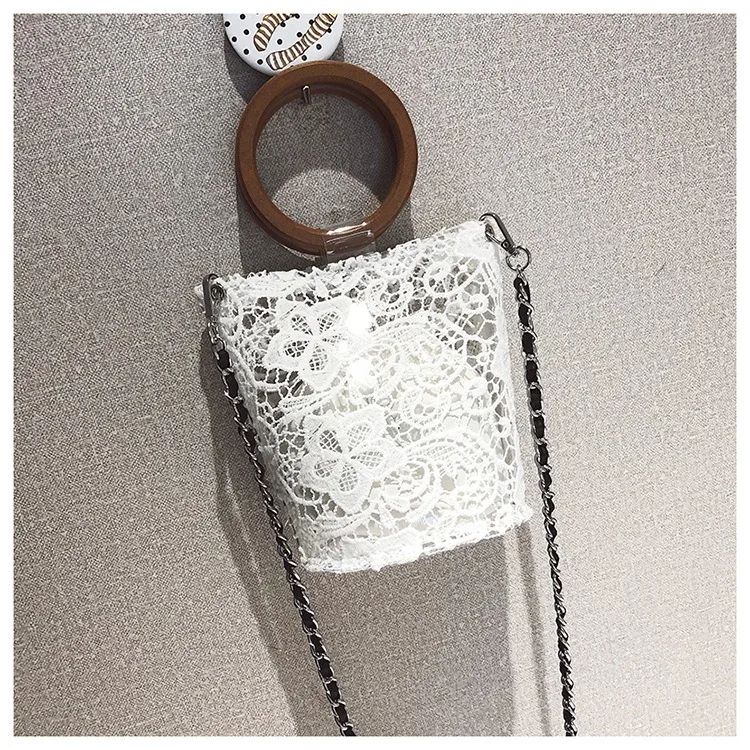 

AUAU-Lace Transparent Wood Portable Wild Bucket Bag Shoulder Sling Handbag Beach Bag Female
