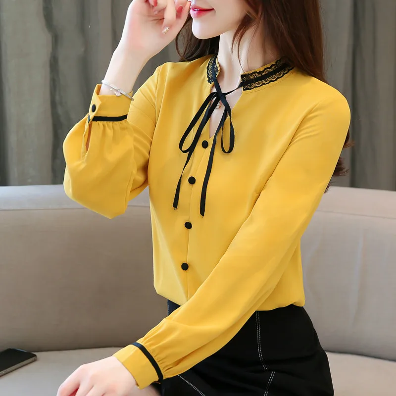 Блузы mujer de moda2019 Manga comprida OL шифоновые Блузы das mulheres Arco SOlido Suporte partes superiores das