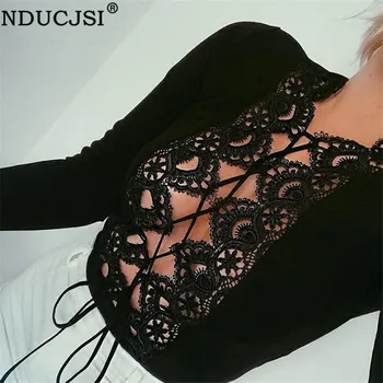 

Sexy Jumpsuits Hollow Out Bandage Lace Female Slim White Bodysuits Long Sleeve Hot Women Plus Size XL Black Playsuit