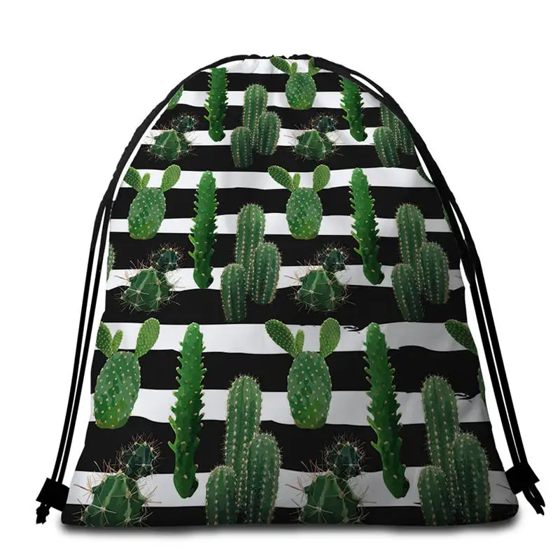 DoubleSide Print Bag BeddingOutlet тропический кактус круглый пляжное полотенце суккуленты банное полотенце с сумкой зеленое растение пляжный коврик ботанический полосатый гобелен - Цвет: DoubleSide Print Bag