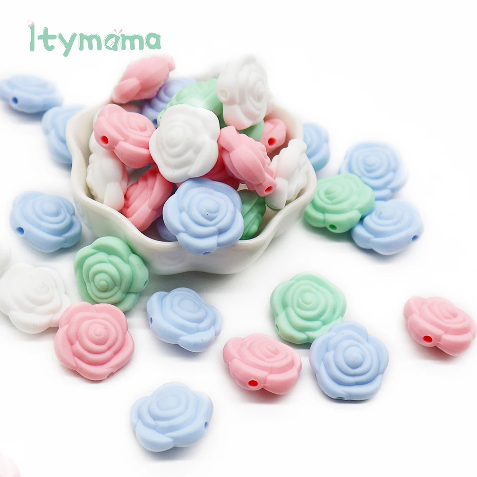 Itymama, 15 шт., детский прорезыватель, без БФА, розовый, силиконовый бисер, в форме цветка, для прорезывания зубов, ожерелье, сделай сам, соска, клипса, цепочка