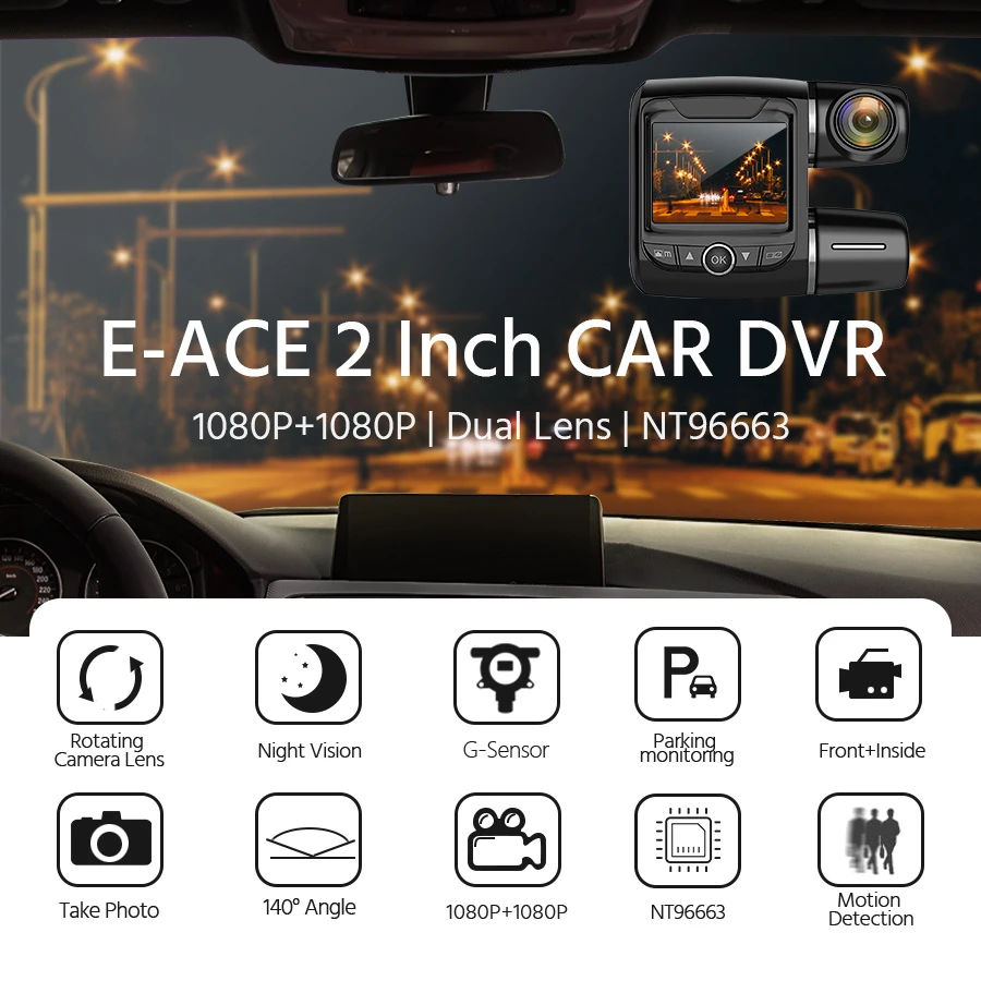 E ACE B43 Автомобильный видеорегистратор мини 2 дюйма с двумя объективами 1080P + ночное